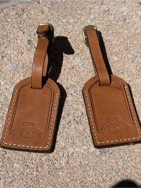 Vintage Ghurka Original Collection Leather Luggage Bag Tags Pair Saddle Tan Set